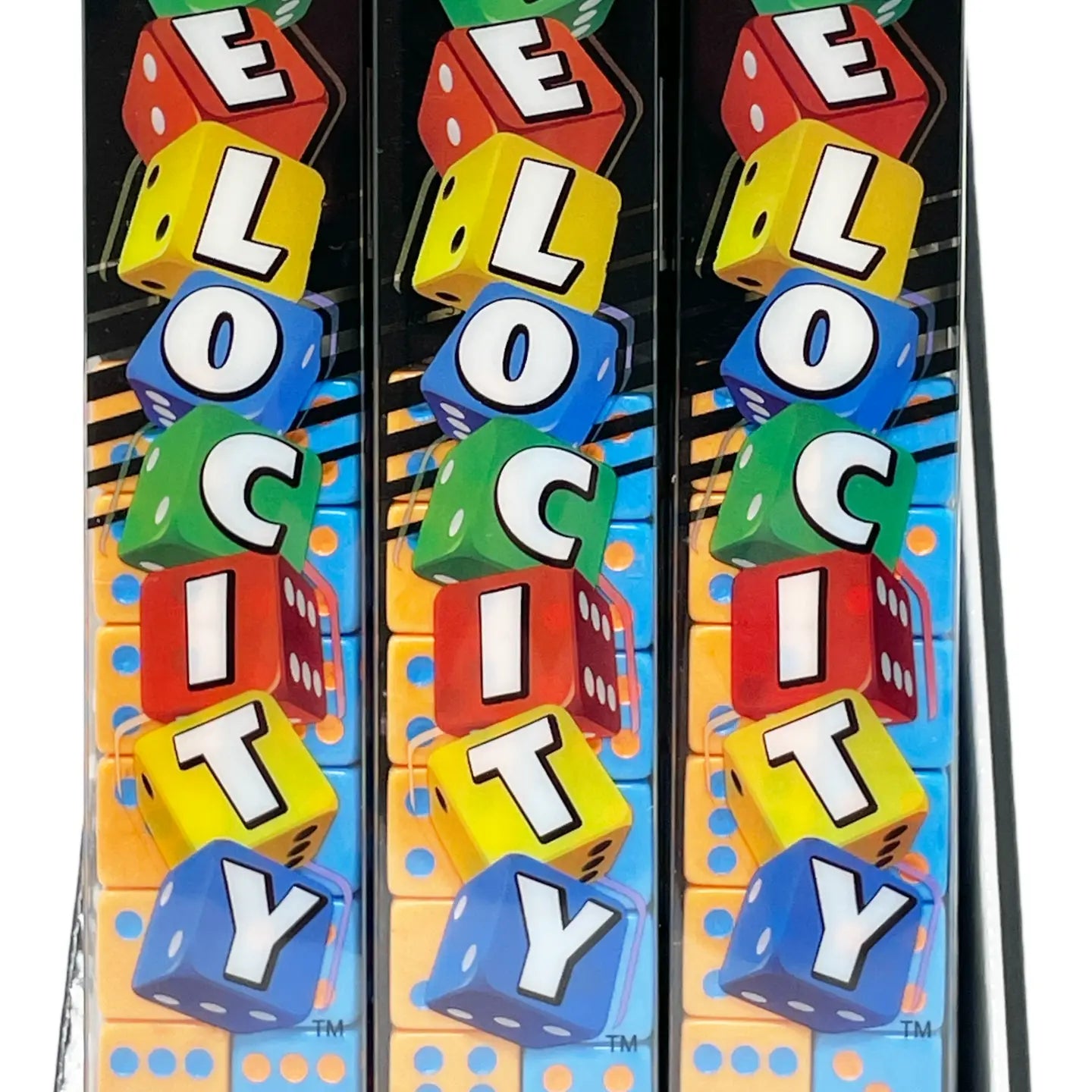 Packaging of 'Velocity' dice game with colorful dice and branding.