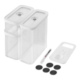 Pantry Storage contacted that vaccum seal .  With spoon accessories and a pen to write descriptions on labels  on white background. 