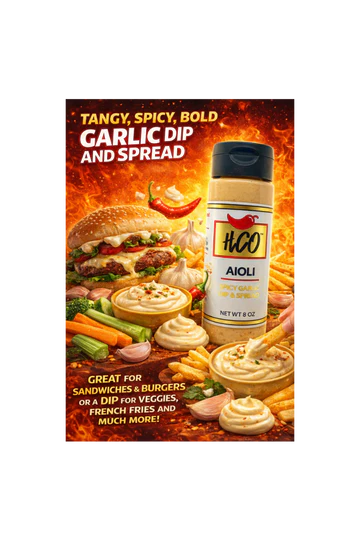 HGO Garlic Dip and Spread container with promotional text on a fiery background