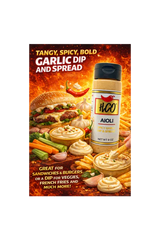 HGO Garlic Dip and Spread container with promotional text on a fiery background