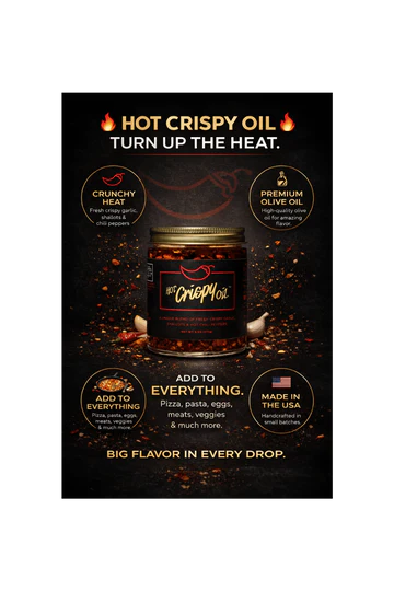 Advertisement for Hot Crispy Oil with a jar of oil on a black background