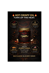 Advertisement for Hot Crispy Oil with a jar of oil on a black background