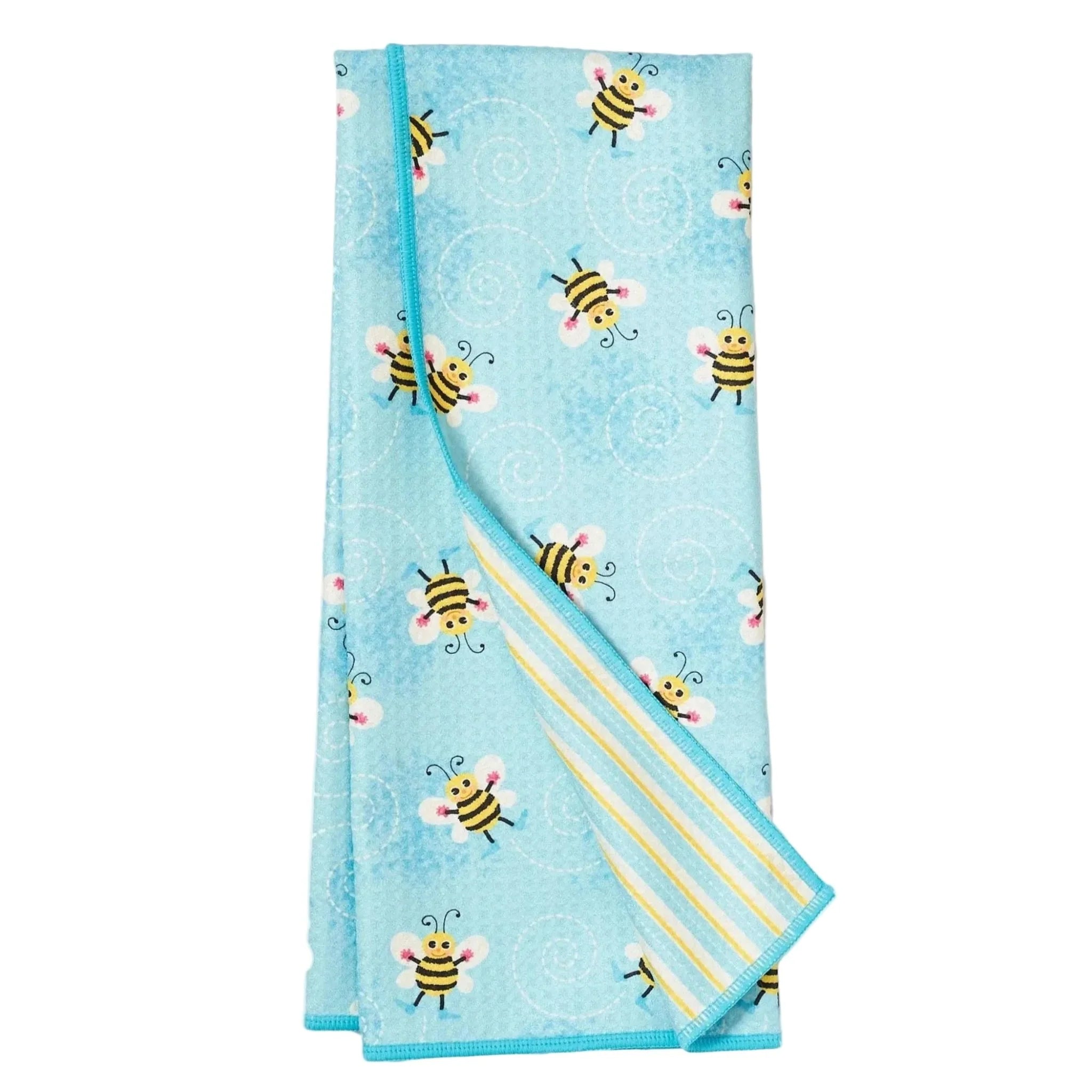 Light blue towel with bee pattern on a white background