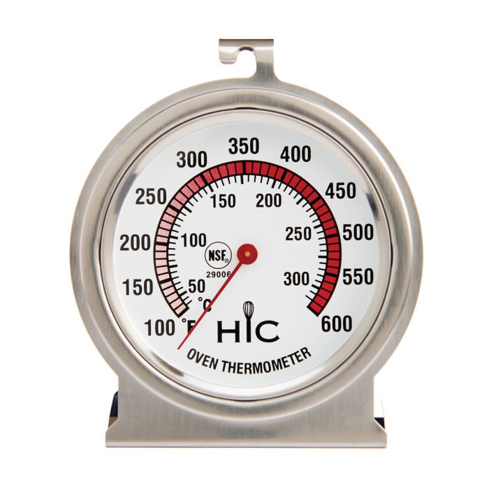 An image of a 2.5 inch oven thermometer with a analog display, predominantly in silver and white colors, with the brand HIC visible.