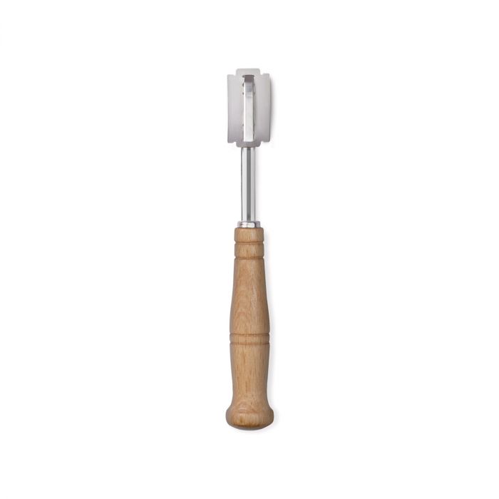 A bread lame with a metal blade and wooden handle, designed for scoring or slicing bread.