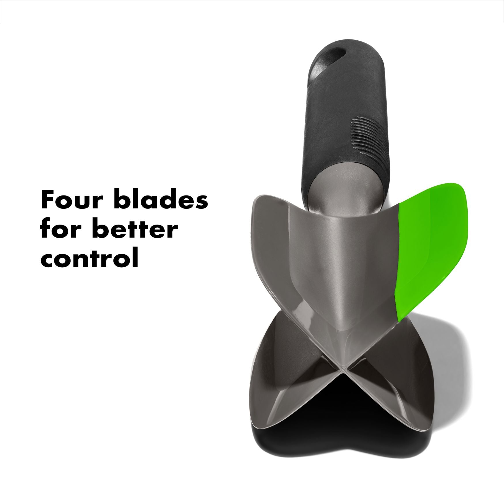 A black and gray OXO avocado tool with a curved edge for scooping and a flat side for mashing, featuring a green and white label that says 'FOUR BLADES FOR BETTER CONTROL'.