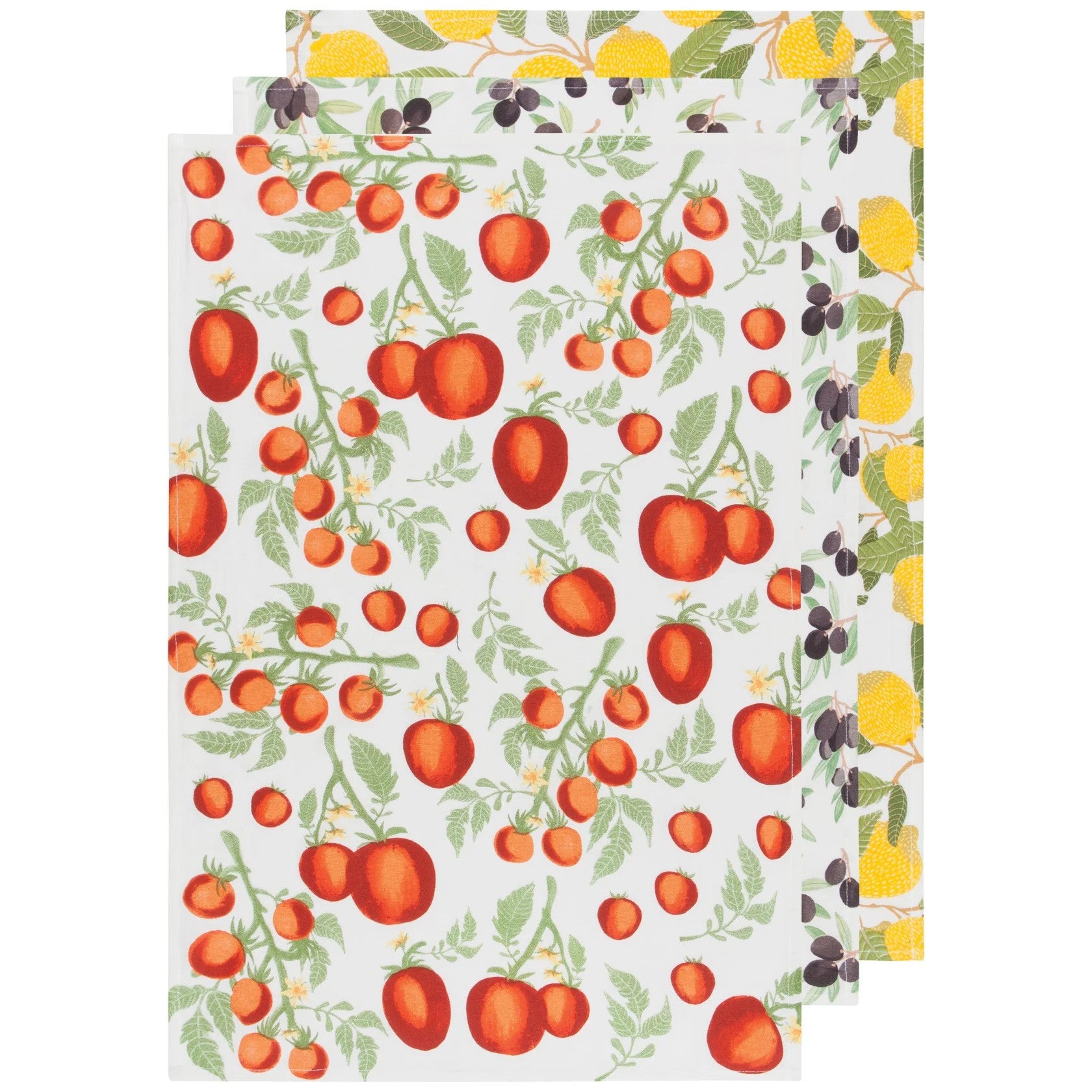 A set of three kitchen towels with a floral pattern featuring red and blue flowers and green leaves on a white background.