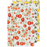 A set of three kitchen towels with a floral pattern featuring red and blue flowers and green leaves on a white background.