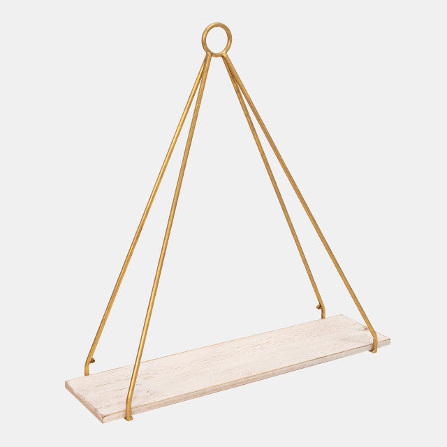A hanging triangle shelf with a wooden board and metal gold-colored support structure.
