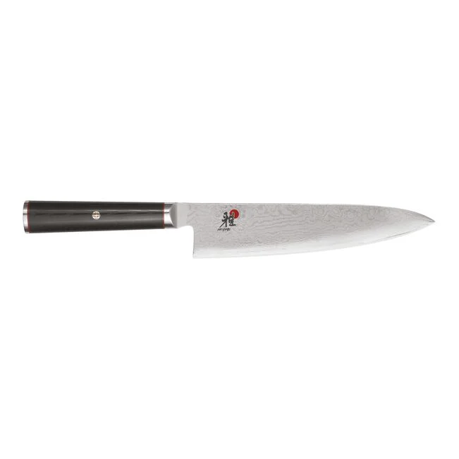 An 8-inch MIYABI GYUTOH knife with a black handle and a silver, mirror-finish blade with a katana edge.