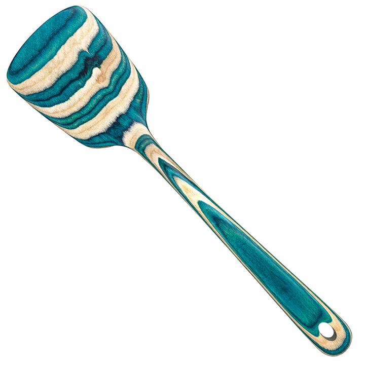 A spatula with a wooden handle and blue-colored spatula head.