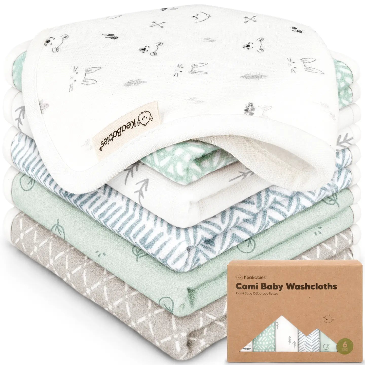 Stack of Cami Baby Washcloths with a branded box on a white background