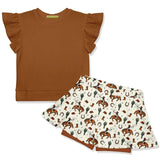 Brown ruffled top and patterned shorts on a white background