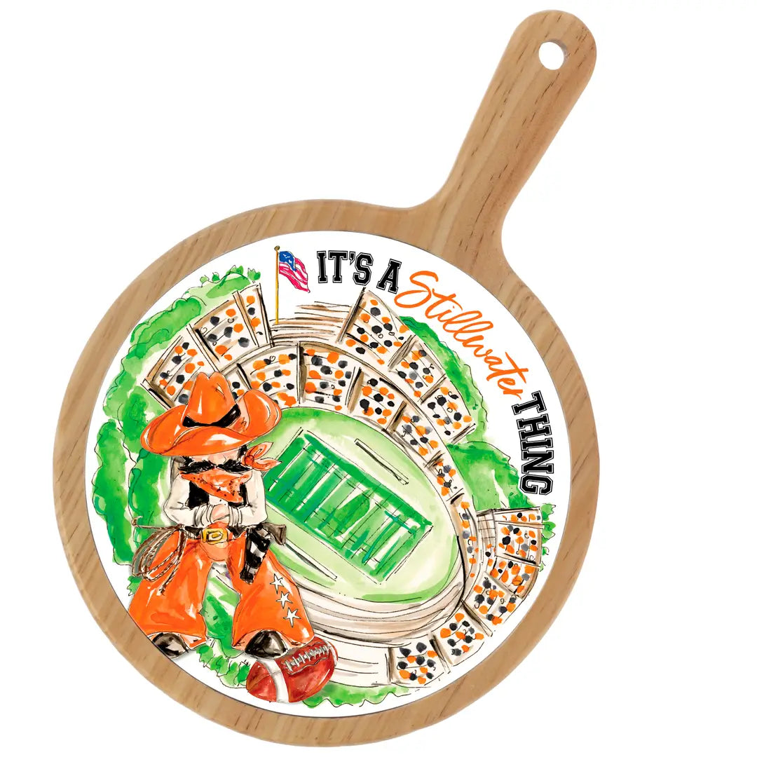 Decorative cutting board with football-themed design and text on a white background