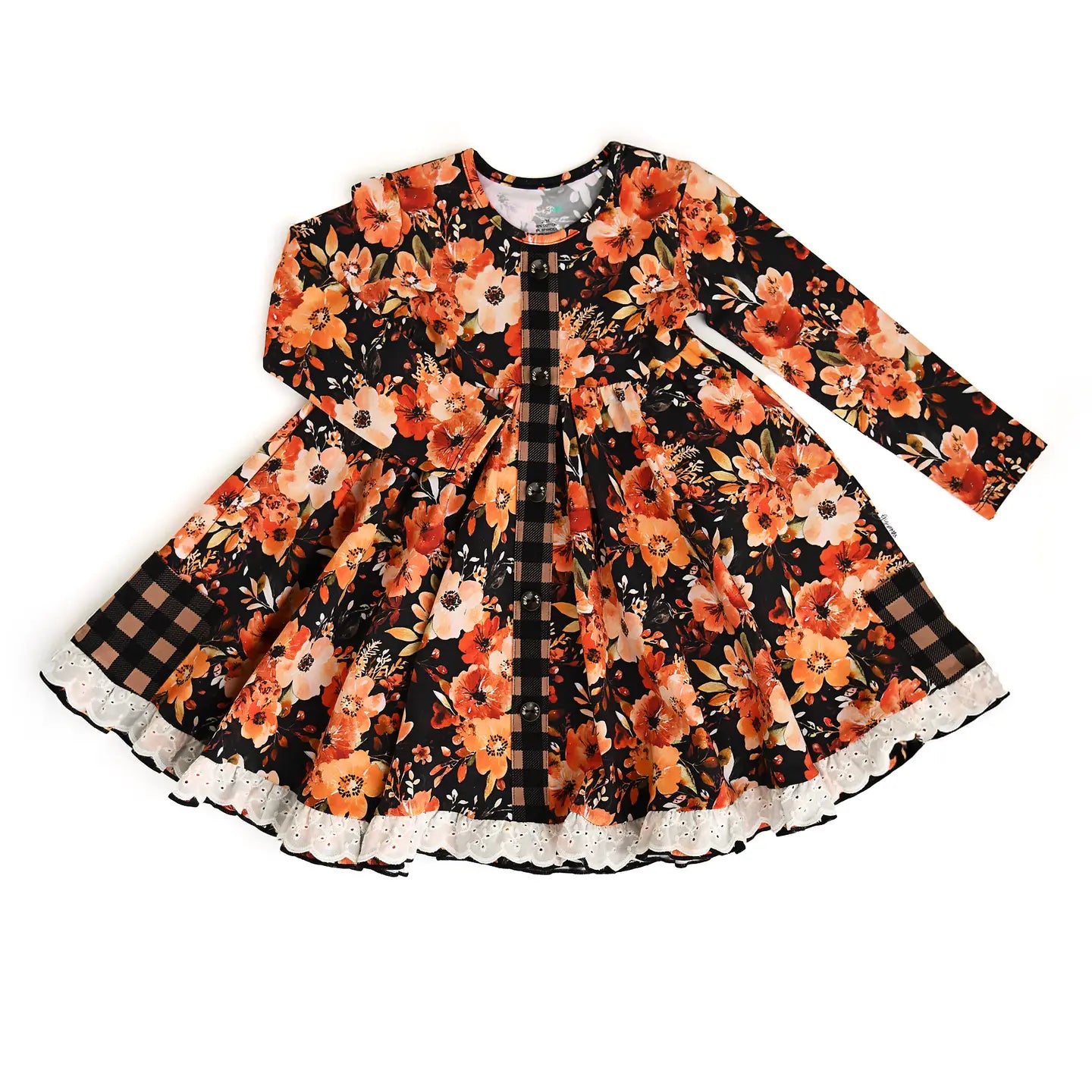 Floral dress with black checkered pattern on a white background