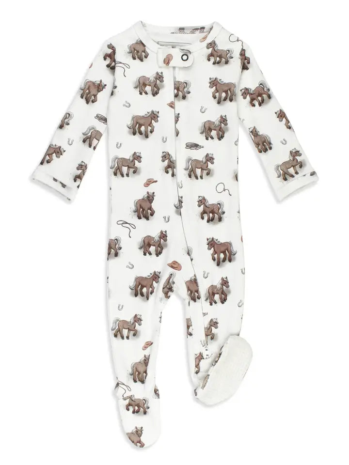 A baby footed sleeper in white with an all-over print of brown horses and small lasso cords, shown flat on a white background.