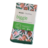 Packaging of Biggie kitchen towels with floral design on a white background, indicating the towels are made from recycled bottles and are quick-drying.