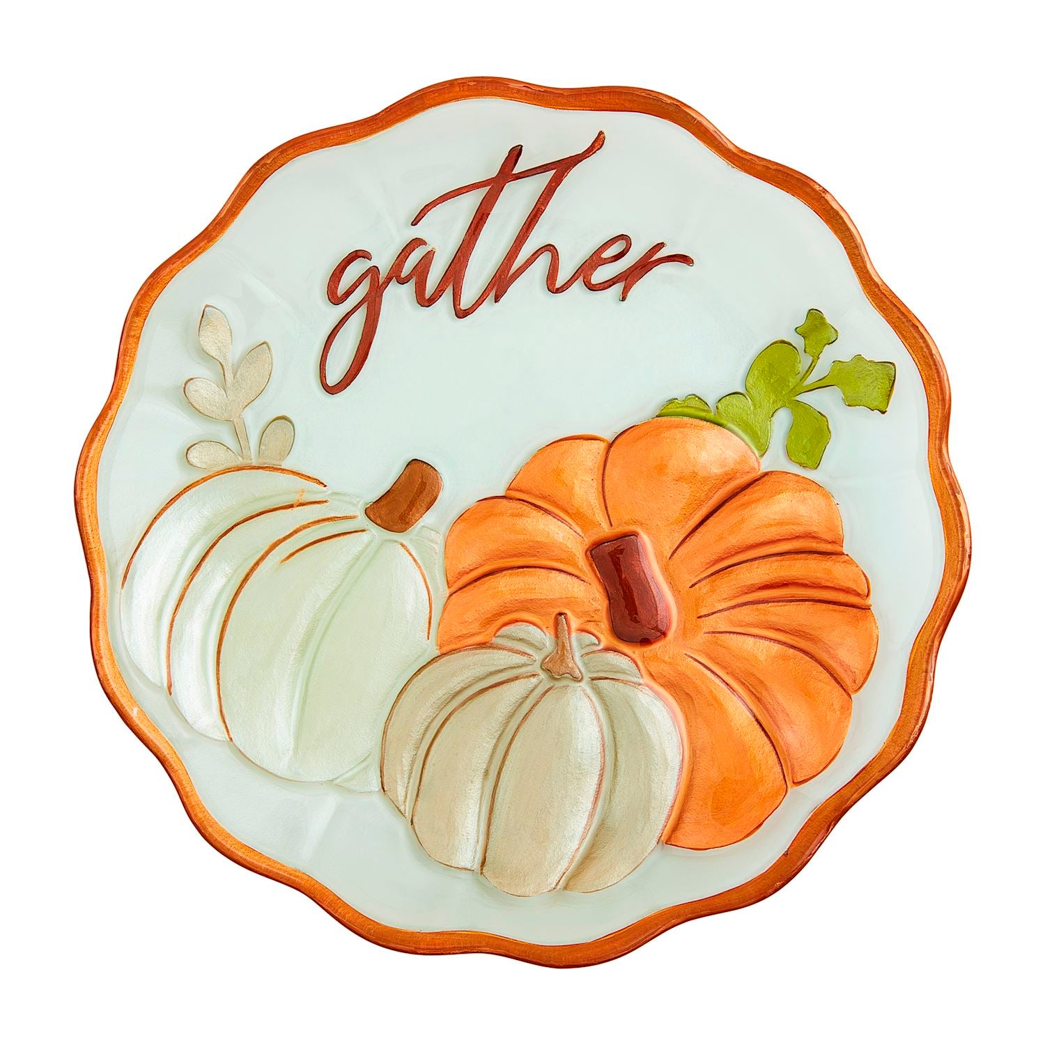 A white glass serving platter with a ruffled edge and decorative gathering of pumpkin designs, with the word 'gather' written across the center in a brown script.