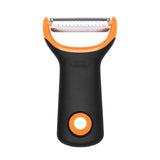 A black and orange OXO julienne prep peeler with a metallic blade.