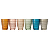 Set of six colorful glass tumblers on a white background