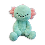 Plush toy axolotl with pink gills on a white background