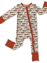 Baby onesie with fire truck pattern on a white background