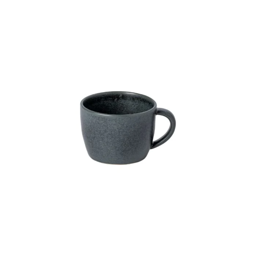 A dark gray ceramic mug with a handle, displayed against a white background.