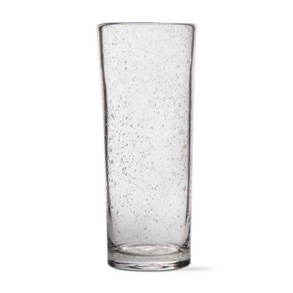 A tall and skinny clear glass with a bubble pattern design.