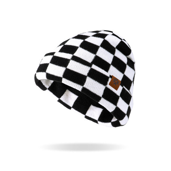 Black and white checkered beanie with a brown logo on a white background