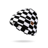 Black and white checkered beanie with a brown logo on a white background