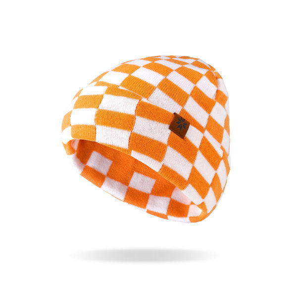 Orange and white checkered beanie with a brown button on a white background