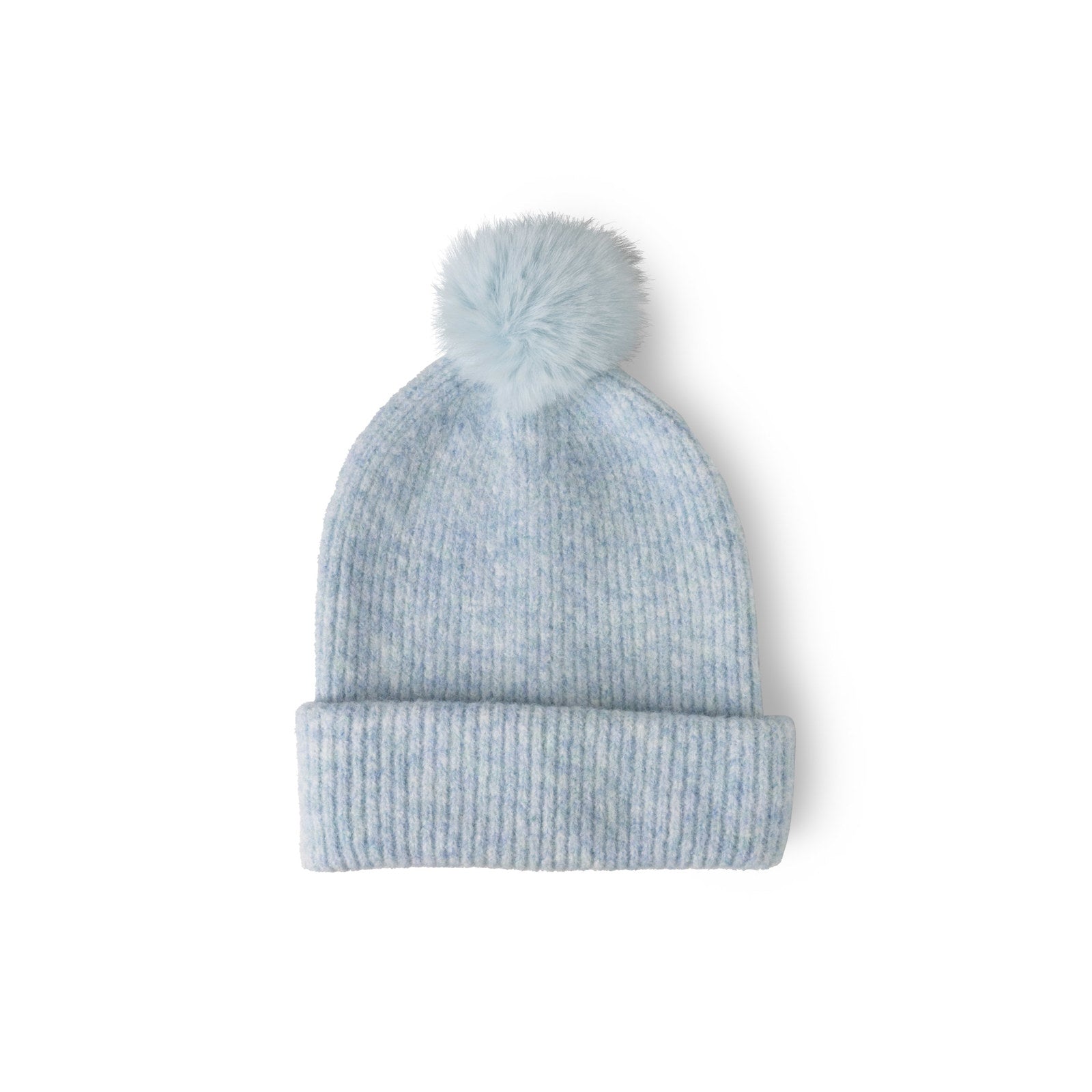 Light blue knit beanie with a pom-pom on a white background