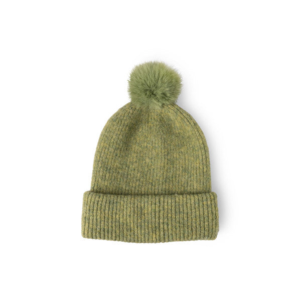 Green knit beanie with a pom-pom on a white background