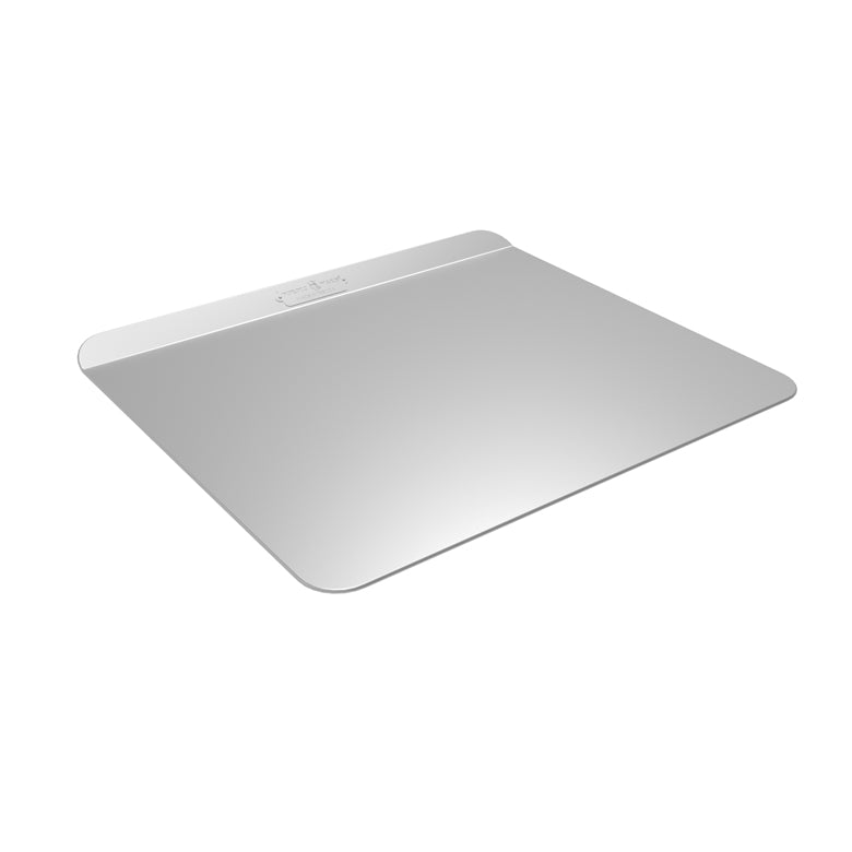 An insulated aluminum cookie sheet with a grayish color and a slight sheen, reflecting light on its surface.