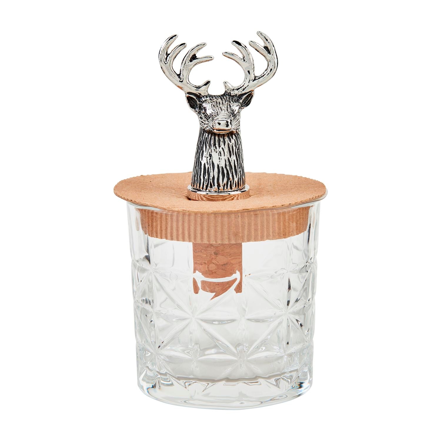 A clear glass drinkware item with a silver antler stopper on top.