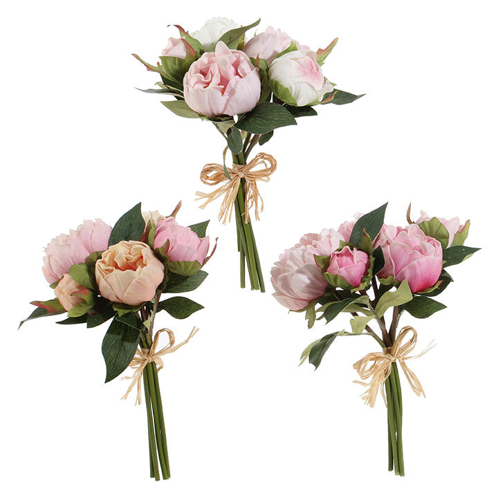 A set of three artificial peony flower bouquets with a mix of pink and white petals, green leaves, and brown bows.