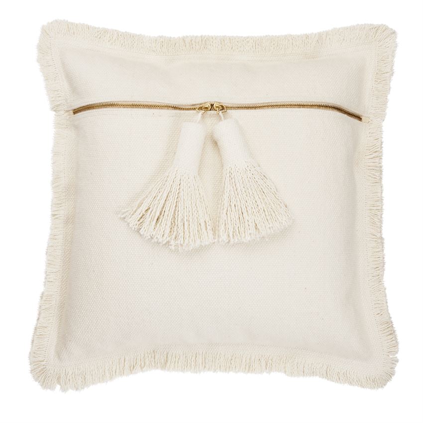 A beige throw pillow with a natural dhurrie pattern and tassel detail.