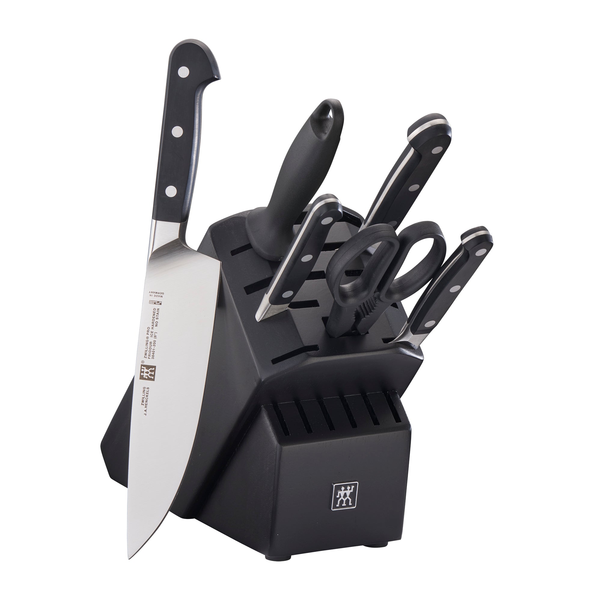 A black knife block with a wood compartment, containing a knife and a pair of scissors. The block is labeled with the Zwilling brand logo.
