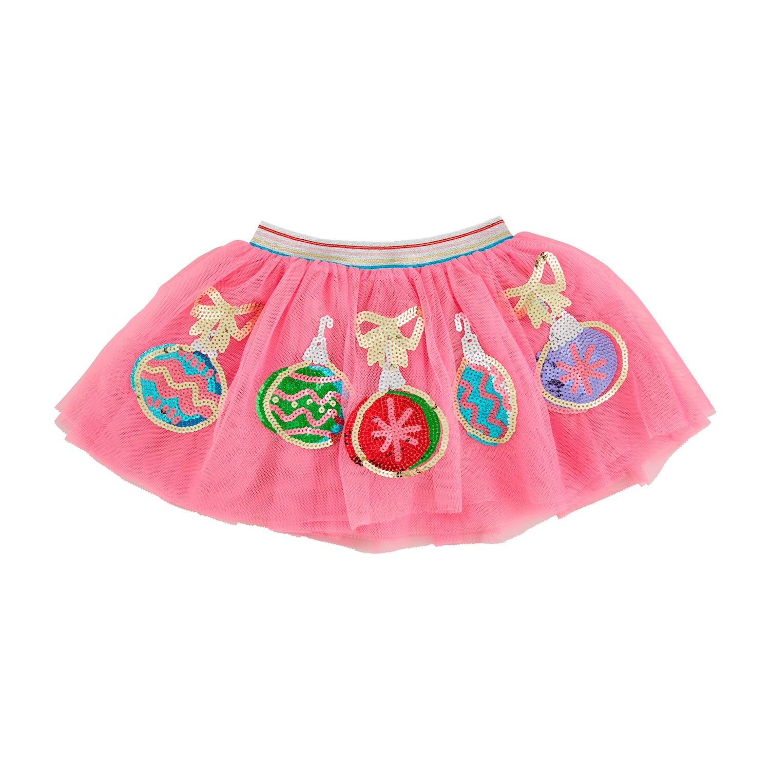 A pink tutu with sequin embellishments in various colors.