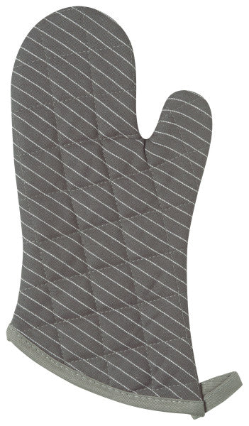 A gray and white striped oven mitt.
