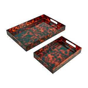 Two acrylic trays with a tortoise shell-like pattern in brown and black colors, one larger and one smaller, with handles on the sides.