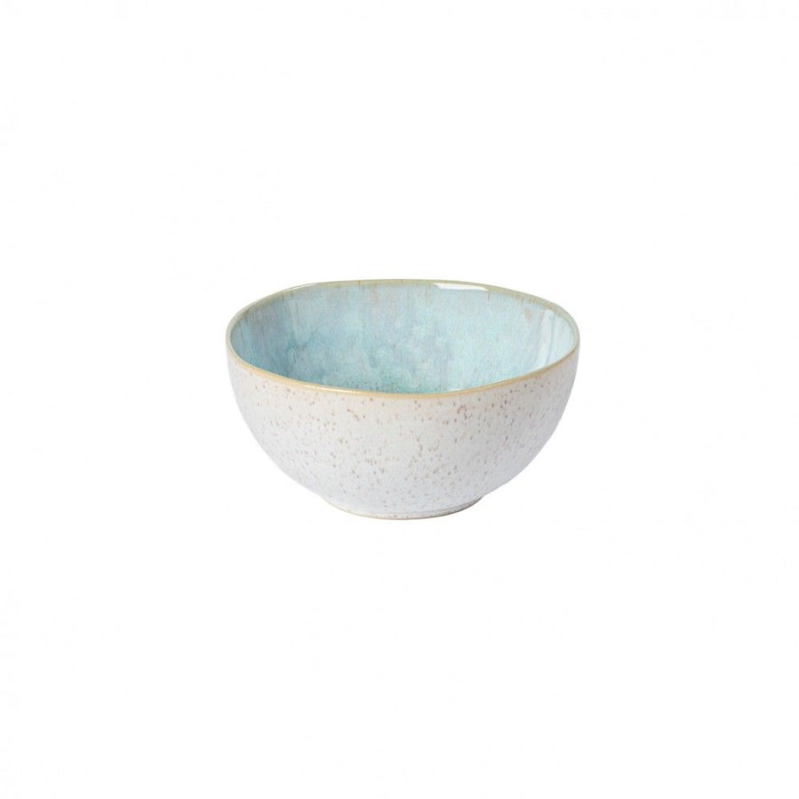 A ceramic cereal bowl with a solid blue interior and a speckled grey exterior on a white background.