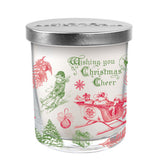 A Christmas-themed candle jar with a white background and red and green holiday motifs, including a reindeer and snowflakes. The lid is silver with a Christmas tree design.