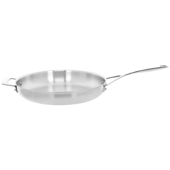 A silver stainless steel fry pan with a single handle and helper handle.