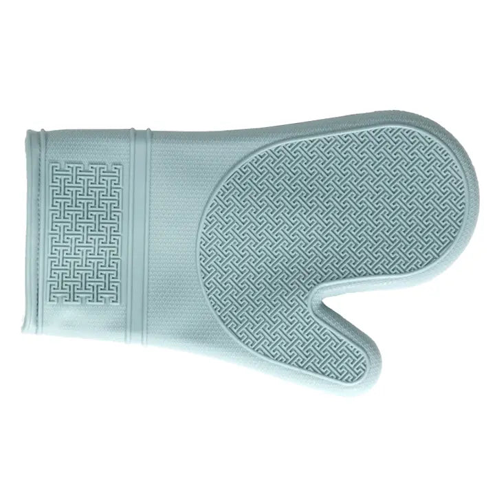 Light blue silicone oven mitt on a white background