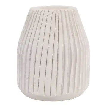 A small decorative ceramic vase with a flared top and vertically ribbed, pleated texture in an off-white color, shown against a plain white background.