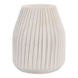 A small decorative ceramic vase with a flared top and vertically ribbed, pleated texture in an off-white color, shown against a plain white background.