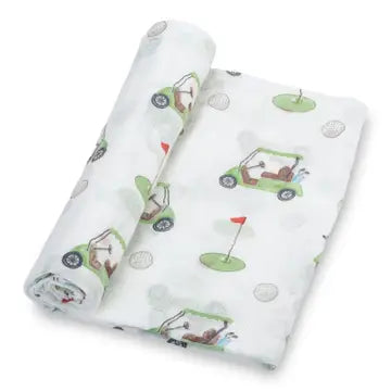 Two rolled-up baby blankets with golf-themed designs on a white background
