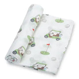 Two rolled-up baby blankets with golf-themed designs on a white background
