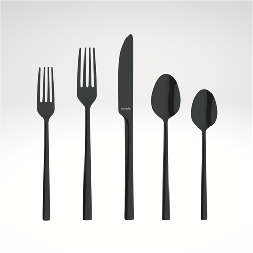 A 20 piece black flatware set including dinner knives, dinner forks, salad forks, soup spoons, and teaspoons.